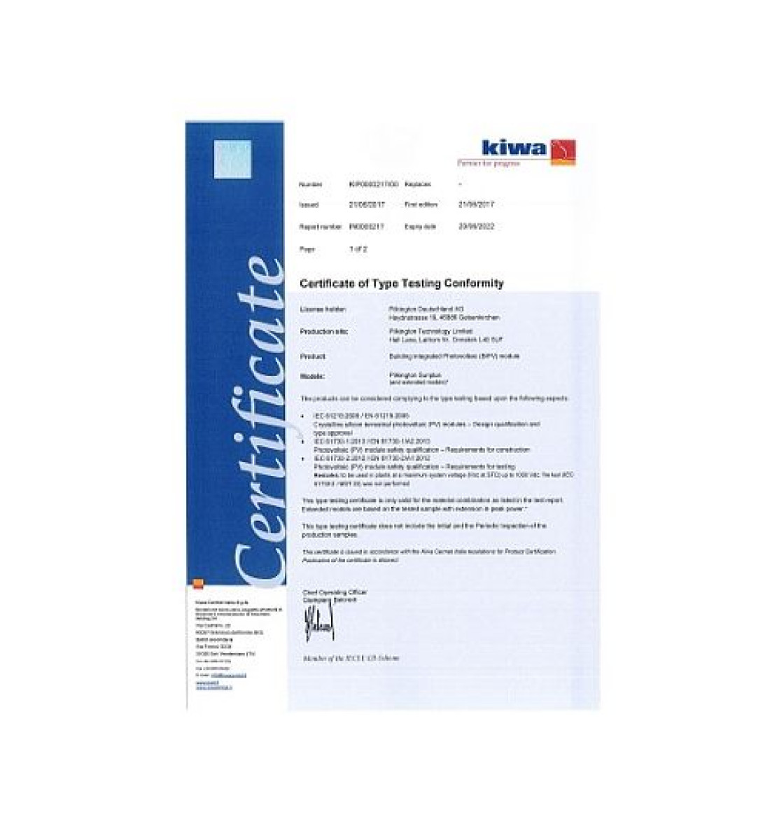 Certyfikat IEC dla szkła Pilkington Sunplus™ BIPV powered by Solaria