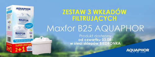 Już od 3 sierpnia ekonomiczny zestaw uniwersalnych wkładów filtrujących firmy Aquaphor we wszystkich sklepach sieci Biedronka za 24,99 zł