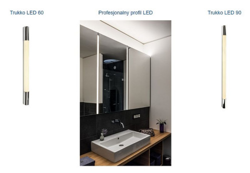 Lampy Trukko Led 60 lub 90 cm można zamontować obok lustra lub pomiędzy szafkami