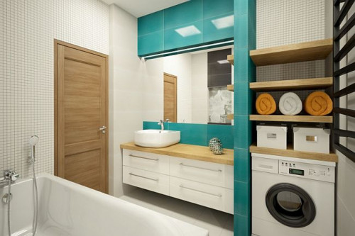 Pralka i półki we wnęce łazienkowej