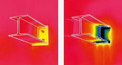 Belka stalowa z łącznikiem termoizolacyjnym Schöck Isokorb KST (po lewej) oraz belka stalowa bez izolacji termicznej