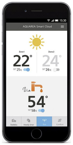 System Smart Cloud zapewnia dostęp m.in. do takich parametrów, jak temperatura pomieszczenia, współczynnik COP oraz zużycie energii w skali dnia, tygodnia i roku