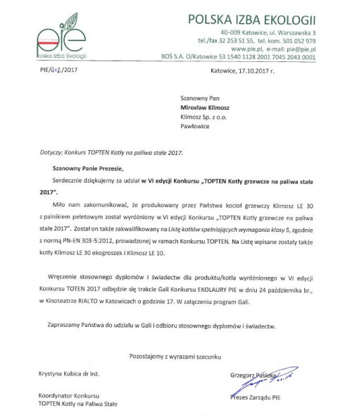 Klimosz wyróżniony w konkursie TOPTEN