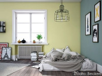 Dyskretna zieleń przełamana głęboką szarością stworzy we wnętrzu klimat sprzyjający relaksowi