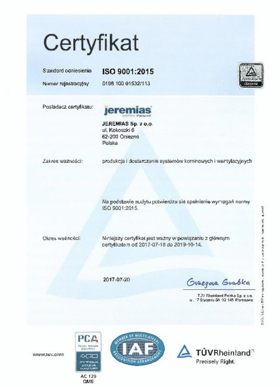 Jeremias z certyfikatem jakości ISO 9001:2015
