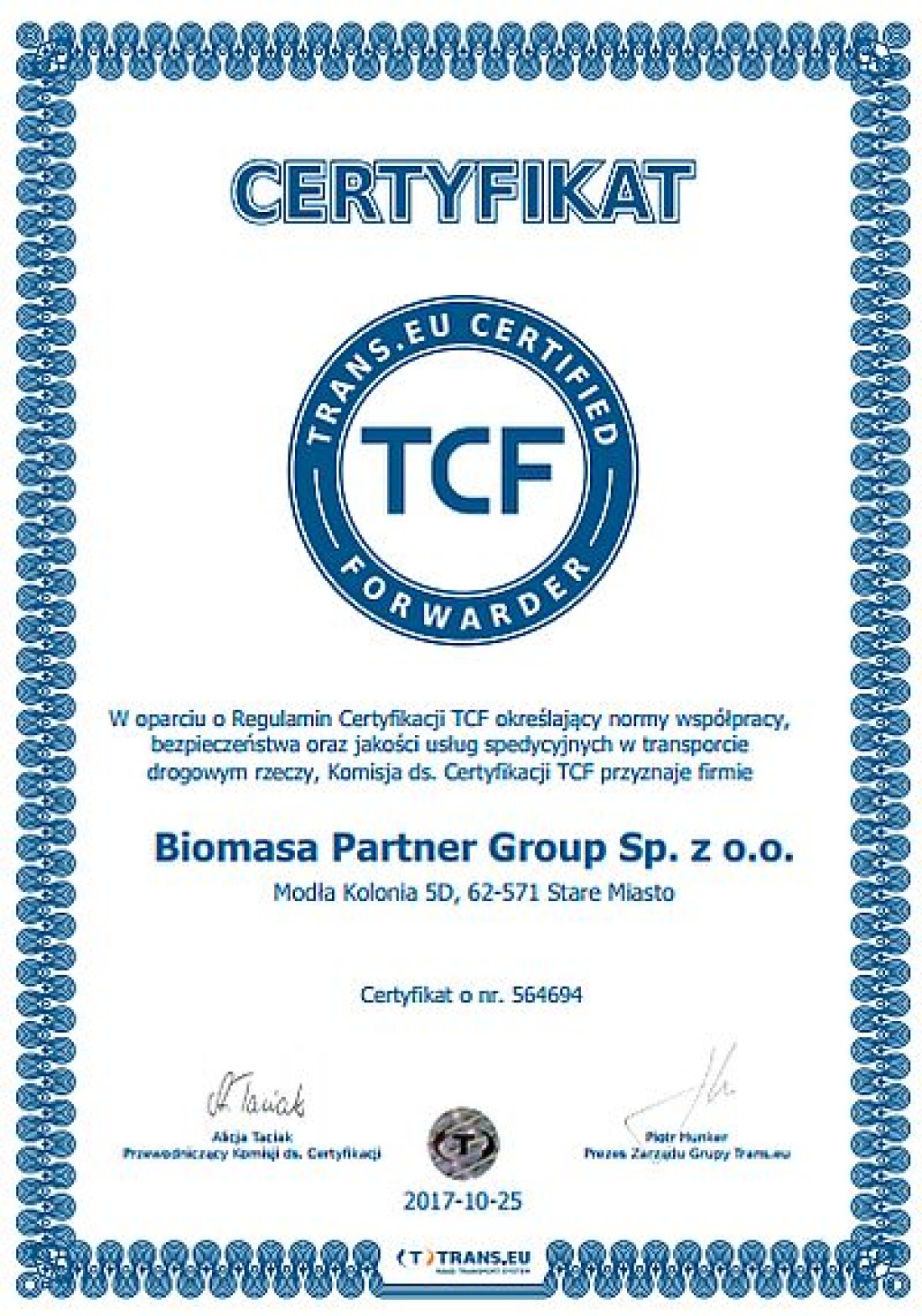 Biomasa Partner z certyfikatem TCF