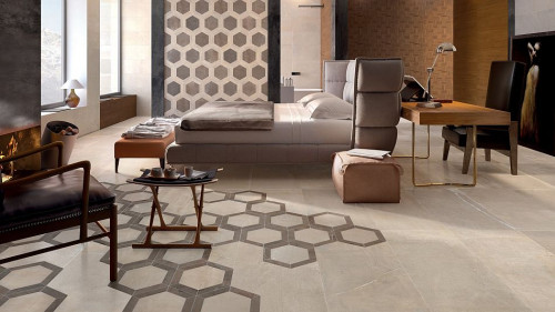 Dynamiczny wygląd kamienia zestawiono z wielkomiejskim charakterem betonu