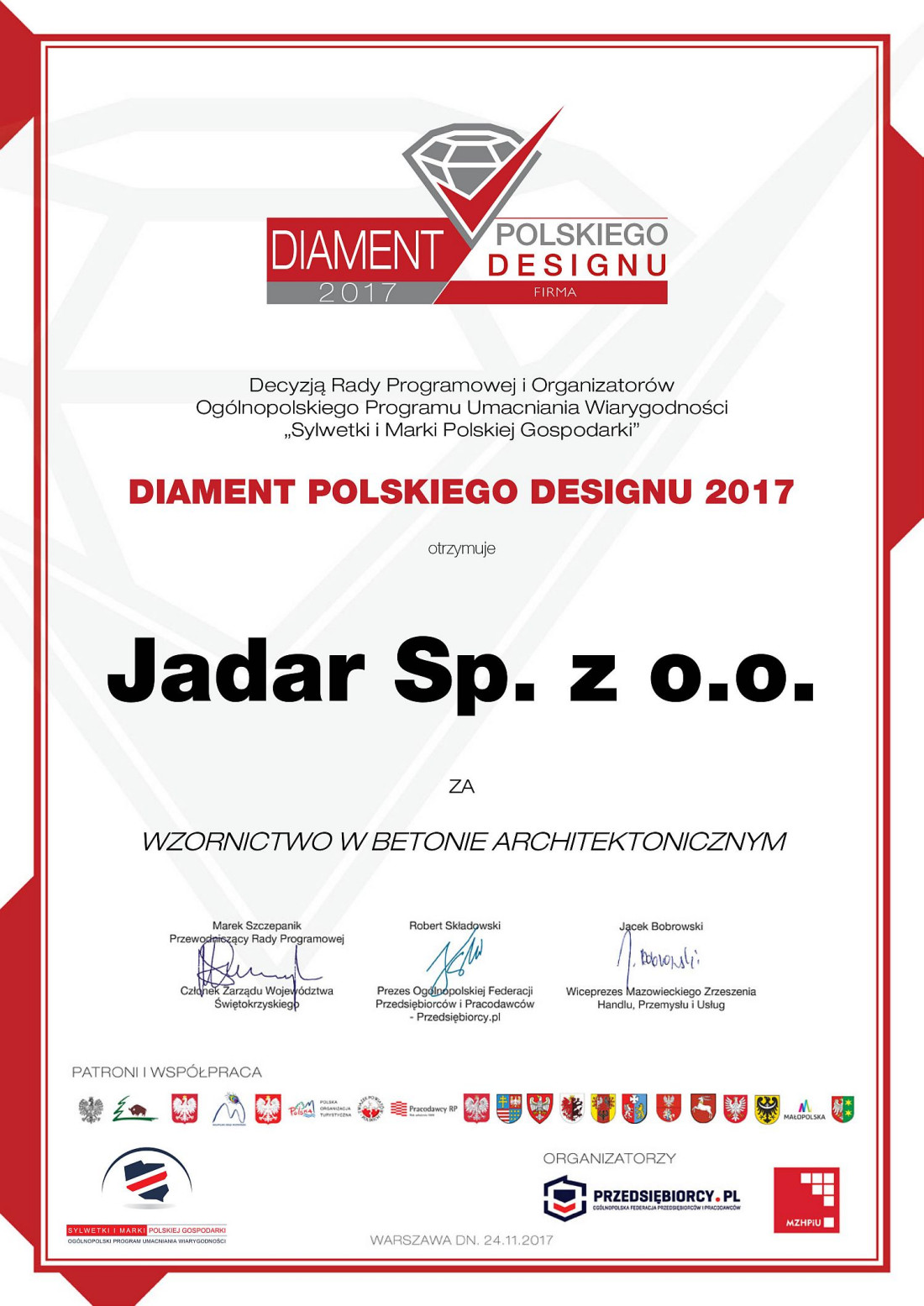 "Diament Polskiej Gospodarki" dla firmy Jadar