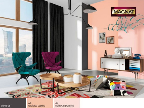 Aranżacja ściany z użyciem farb Magnat Koralowa Laguna i Królewski Diament