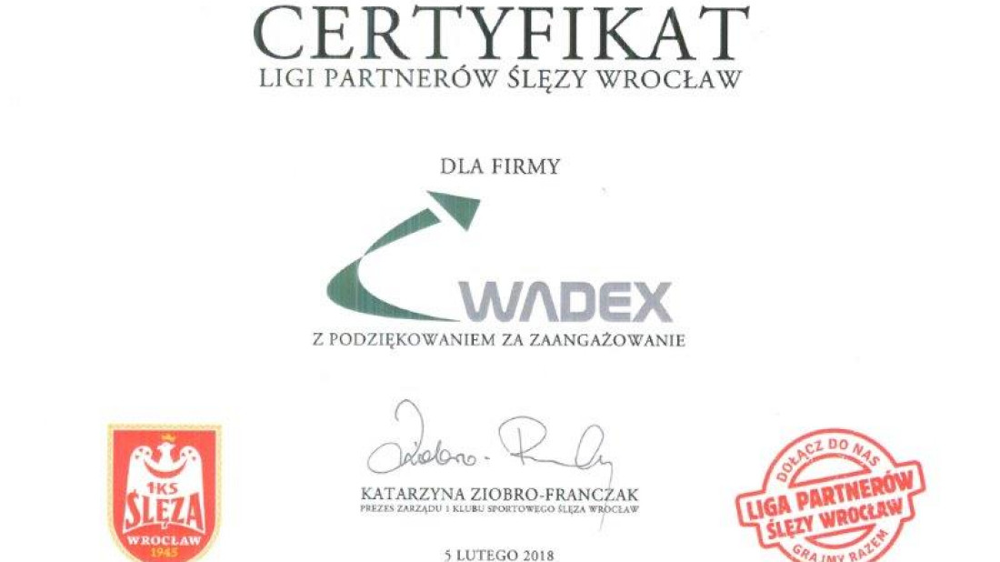 Certyfikat Ligi Partnerów Ślęzy Wrocław dla firmy Wadex