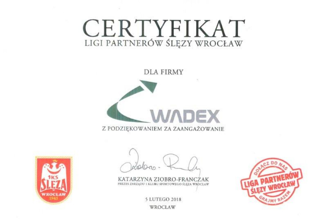 Certyfikat Ligi Partnerów Ślęzy Wrocław dla firmy Wadex