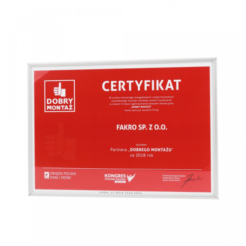 Certyfikat za za aktywne zaangażowanie i wsparcie promocji prawidłowego montażu wyrobów stolarki budowlanej w ramach IV edycji ogólnopolskiej kampanii edukacyjnej "Dobry Montaż"