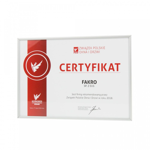 Certyfikat rekomendujący firmę FAKRO przez Związek Polskie Okna i Drzwi