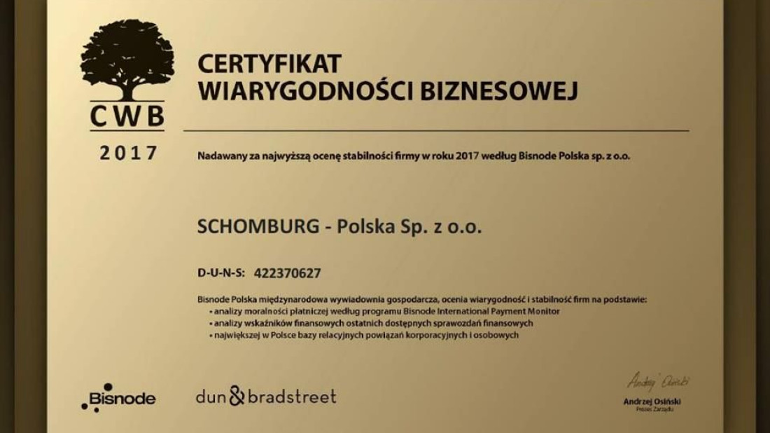 Certyfikat Wiarygodności Biznesowej dla firmy Schomburg Polska