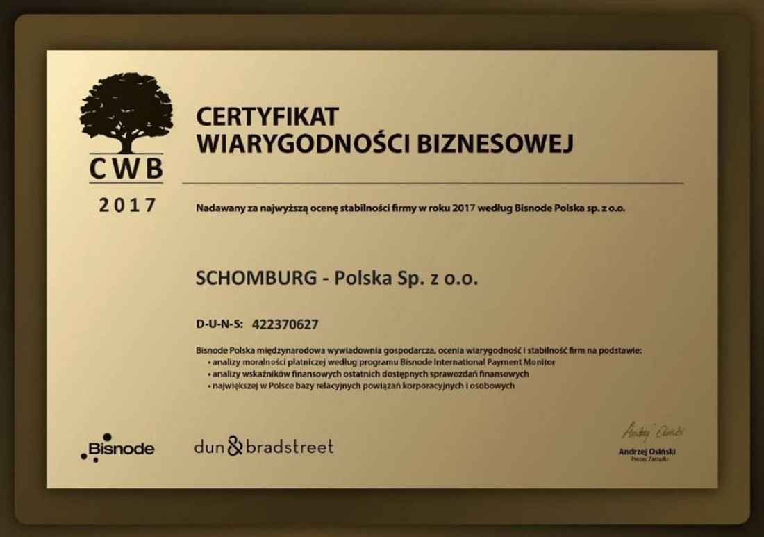 Certyfikat Wiarygodności Biznesowej dla firmy Schomburg Polska