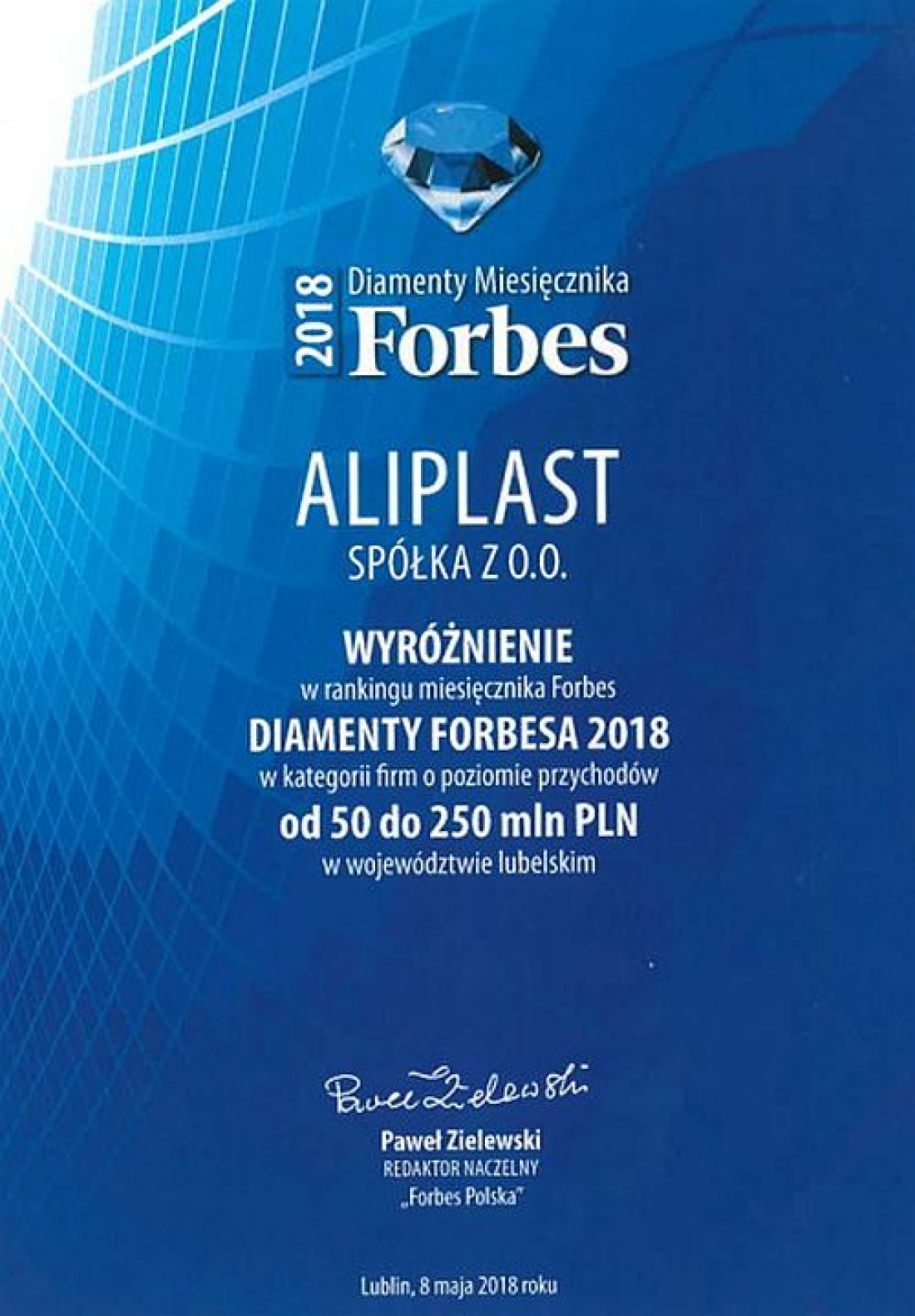 Diamenty Forbesa 2018 - wyróżnienie dla Spółki Aliplast