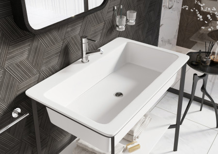 Ferro, Bateria umywalkowa stojąca z obrotową wylewką Fiesta. Szklanka podwojna Torrente. Zawor spustowy G54.