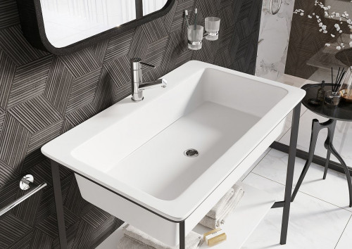 Duża, prostokątna umywalka na czarnym, stalowym stelażu