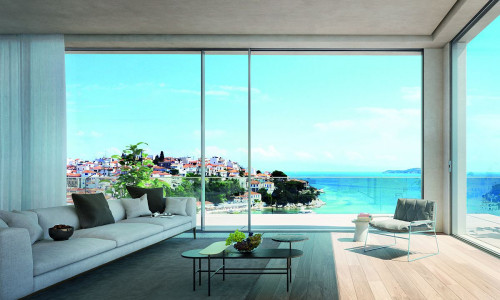 Salon z panoramicznymi drzwiami przesuwnymi Schüco ASE 67 PD