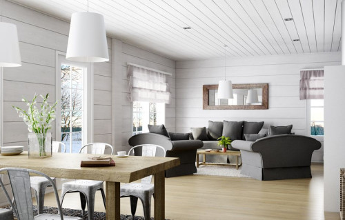 Wnętrze domu z bali w stylu skandynawskim