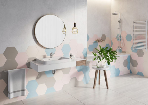 pastelowa łazienka z heksagonalnymi płytkami