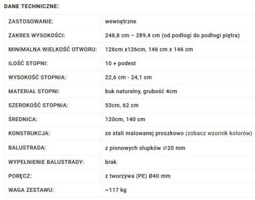 Schody kręcone ATRIUM ALTO - dane techniczne