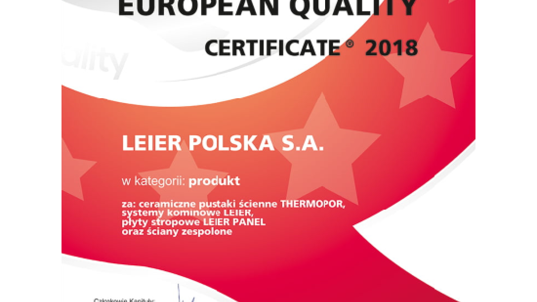 EUROPEAN QUALITY CERTIFICATE® 2018 dla LEIER Polska