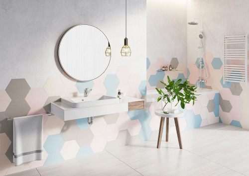 Pastelowe heksagony w łazience