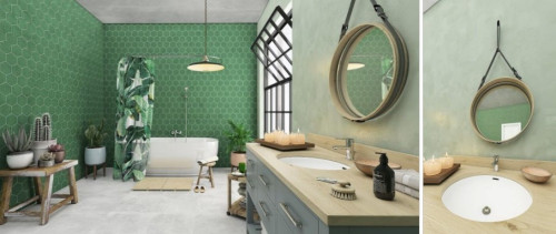 Ściana z malachitowych płytek i roślinne dodatki