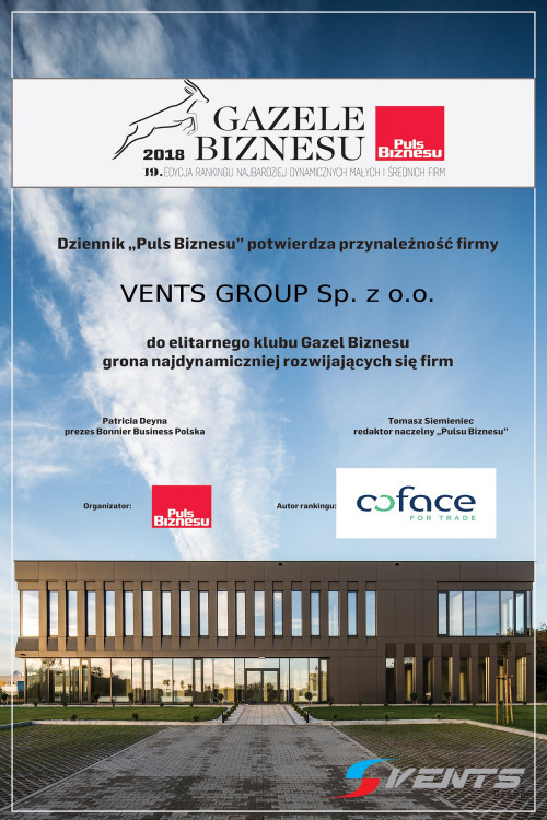 Certyfikat firmy Vents Group