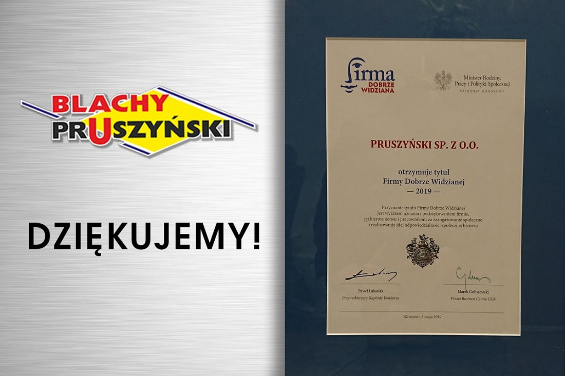 Tytuł Firmy Dobrze Widzianej 2019 przyznany firmie Pruszyński sp. z o.o.