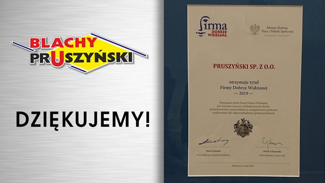 Tytuł Firmy Dobrze Widzianej 2019 przyznany firmie Pruszyński sp. z o.o.