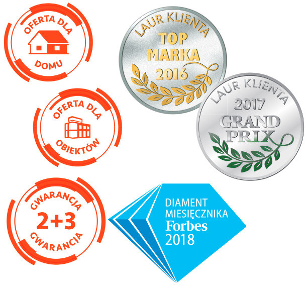 Naggrody i wyróżnienia dla firmy Immergas, piktogramy gwarancji 5 lat i grup rpoduktowych dla domu i przemysłu