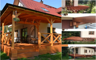 Narożny drewniany taras ze stałym zadaszeniem za 21 000 zł