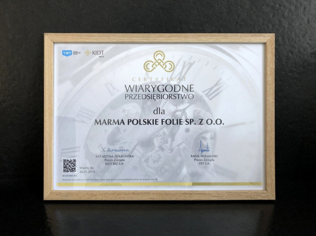 Marma Polskie Folie otrzymała Certyfikat Wiarygodne Przedsiębiorstwo 