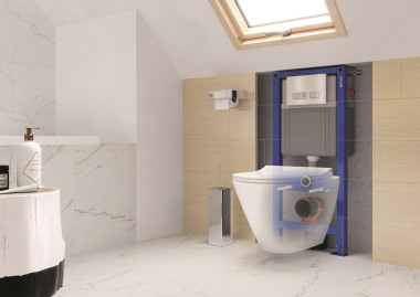 Stelaż podtynkowy z przyciskiem spłukującym na pionowej obudowie