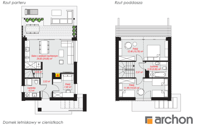 Domek letniskowy w cienistkach - rzut parteru i poddasza
