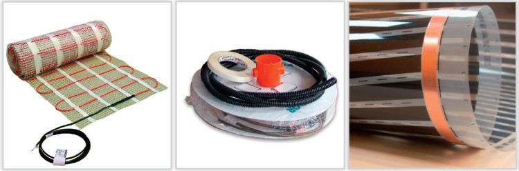 Systemy elektrycznego ogrzewania podłogowego Fenix, od lewej: Samoprzylepne maty grzejne ECOFLOOR, kable grzejne ECOFLOOR, folia grzejna ECOFILM