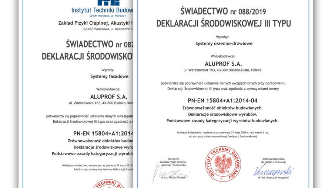 Certyfikaty środowiskowe EPD dla Aluprof S.A.