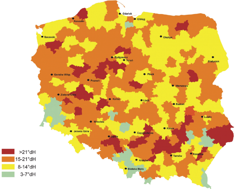 Mapa twardości wody w Polsce