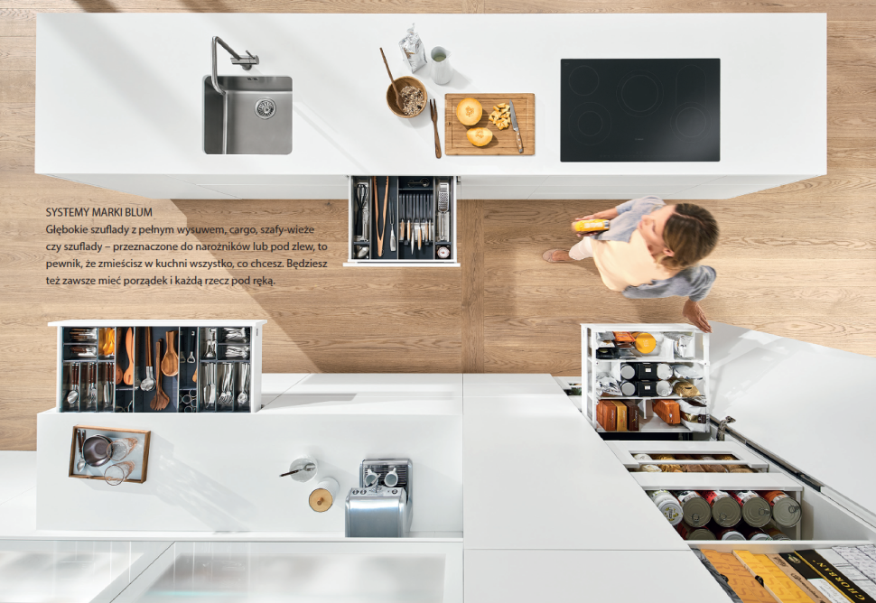 SYSTEMY MARKI BLUM - głębokie szuflady z pełnym wysuwem, cargo, szafy-wieże czy szuflady – przeznaczone do narożników lub pod zlew, to pewnik, że zmieścisz w kuchni wszystko, co chcesz. Będziesz też zawsze mieć porządek i każdą rzecz pod ręką.