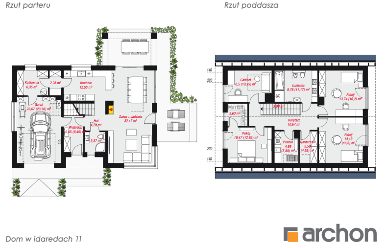 Dom w idaredach 11 - rzut parteru i rzut poddasza