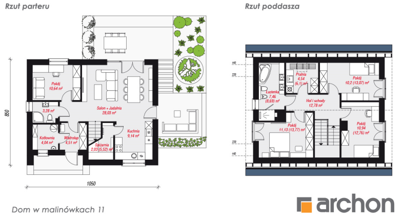 Dom w malinówkach 11 - rzut parteru i poddasza
