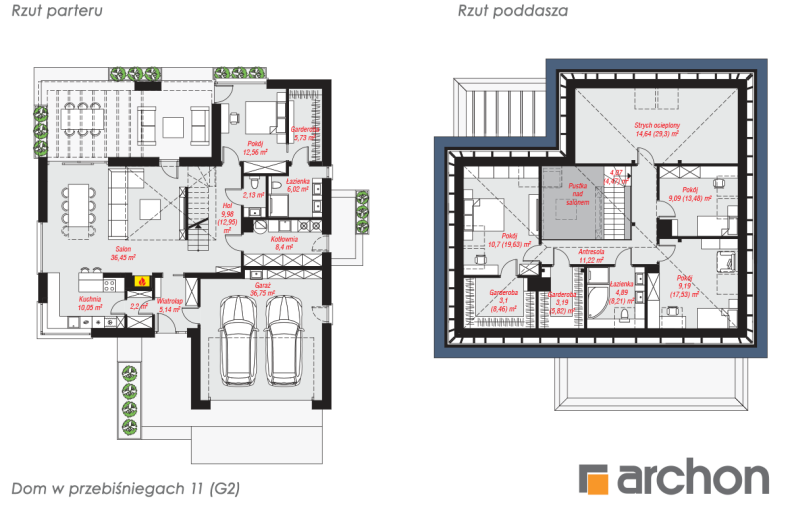 Dom w przebiśniegach 11 (G2) - rzut parteru i poddasza