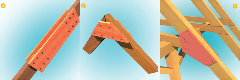 Sposoby wzmocnienia więźby dachowej: krokwi (a); połączenia krokwi w kalenicy (b); oparcia na płatwi (c).