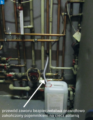 Instalacja solarna: przewód zaworu bezpieczeństwa prawidłowo zakończony pojemnikiem na ciecz solarną