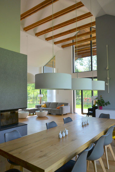 Strefa dzienna i kominek obłożony filcem