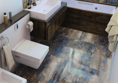 Duże płyty gresowe na podłodze w łazience