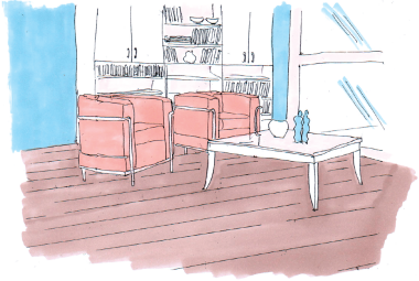 Rysunek poglądowy: Na ciemnej podłodze i przy stosunkowo ciemnych ścianach najładniej prezentują się jasne meble