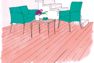 Rysunek poglądowy: Jasne ściany i niezbyt ciemna podłoga to wymarzone tło dla wyrazistych, mocnych w kolorze mebli